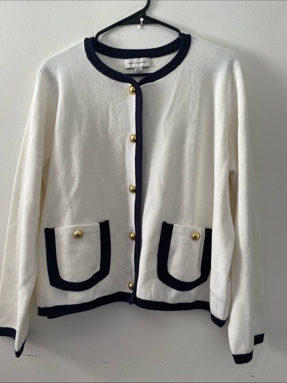 Cream Cardigan with Navy Trim and Gold Buttons